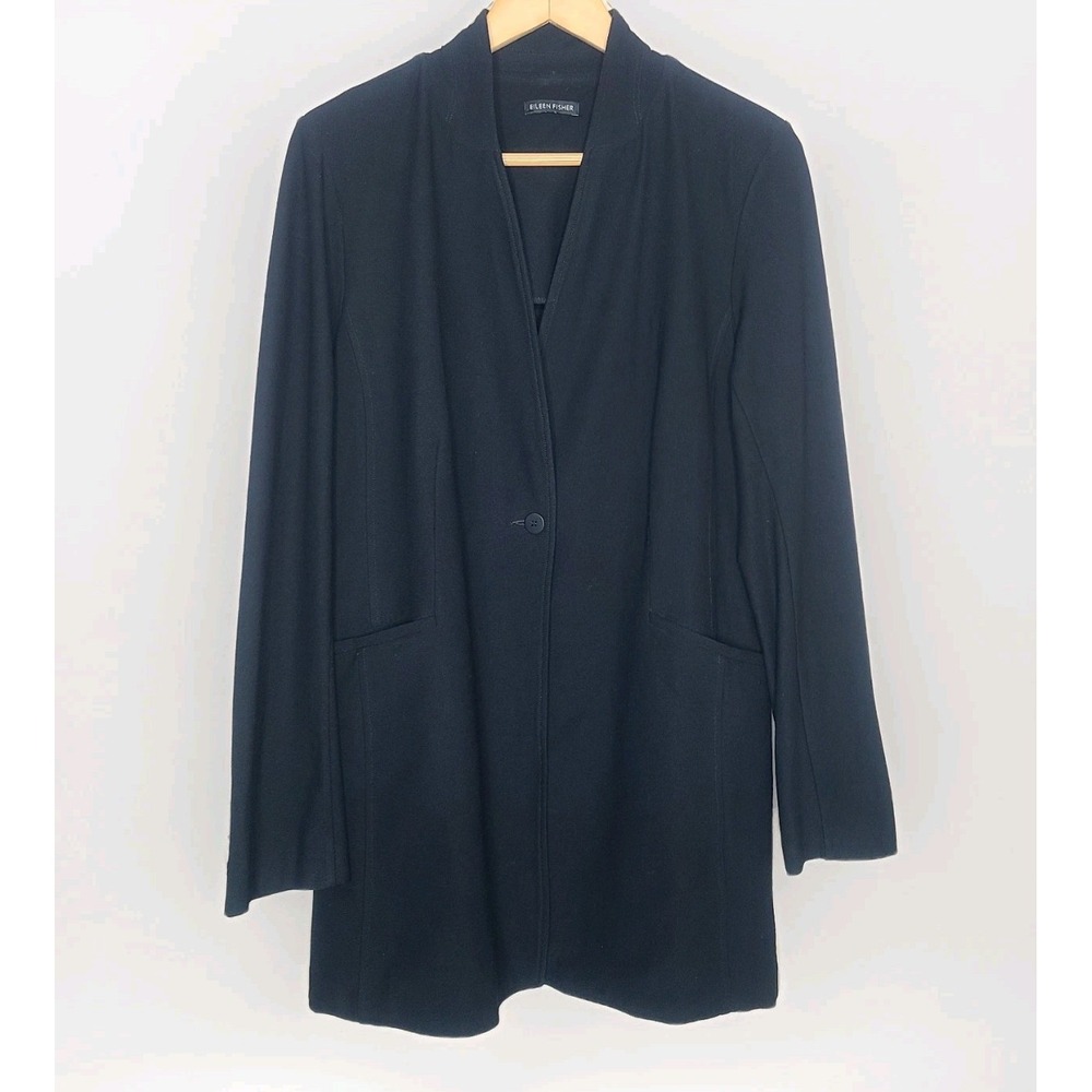 Eileen Fisher Stretch Crepe One Button‎ Black Blazer Jacket Size Large